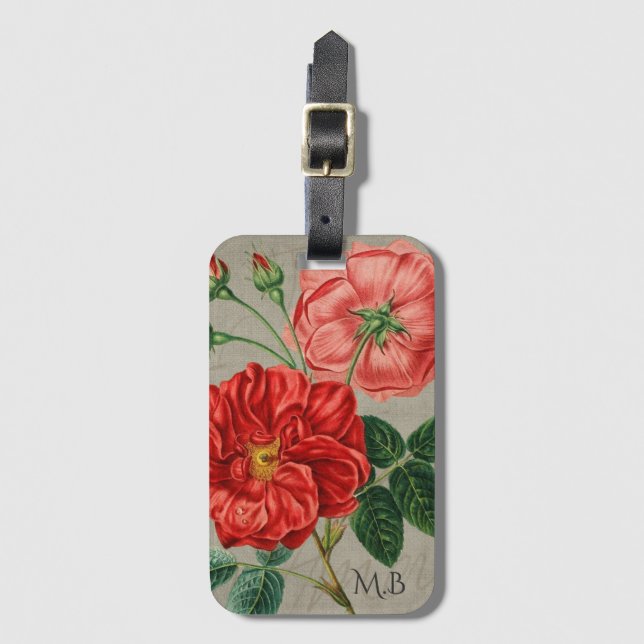 Antike rote Rosenkunst auf grauem Monogramm Gepäckanhänger (Vorderseite Vertikal)