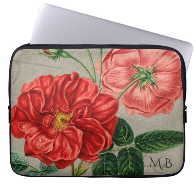 Antike rote Rosenkunst auf grauem Monogramm Laptopschutzhülle (Vorderseite)