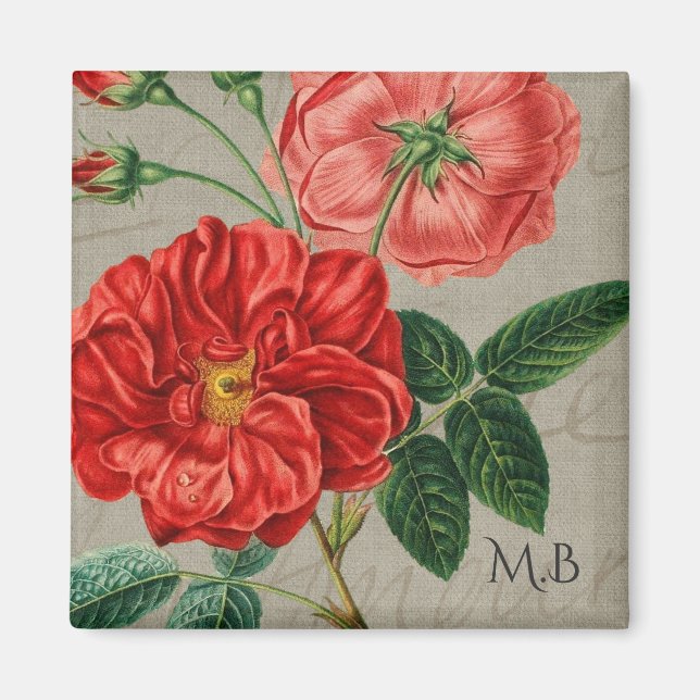 Antike rote Rosenkunst auf grauem Monogramm Magnet (Vorne)