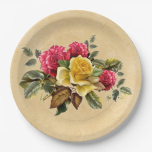 Antike rote und gelbe Rosen Blumen Pappteller
