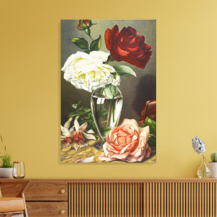 Antike rote weiße rosa Rosen in Glasvase Kunst Leinwanddruck