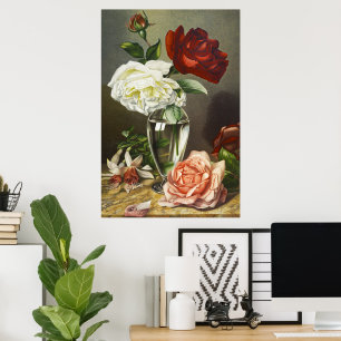 Antike rote weiße rosa Rosen in Glasvase Kunst Poster