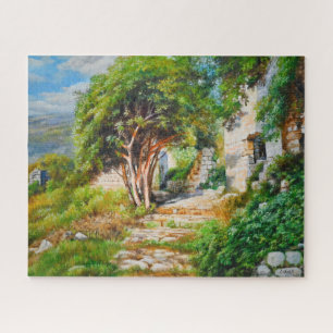 Antike Ruinen mit sonnenbeleuchtetem Baum - Ölgemä Puzzle