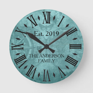 Antike rustikale Familiennamens-Weltkarte mit römi Runde Wanduhr