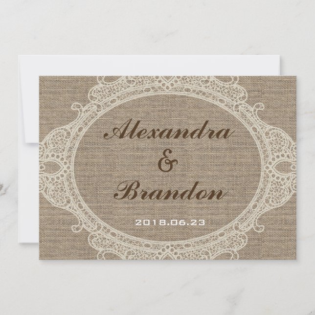 Antike rustikale Land-Leinwand-Spitze Einladung (Vorderseite)