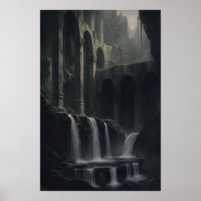 Antike rustikale Landschaft Wasserfälle Kunst Druc Poster (Vorne)