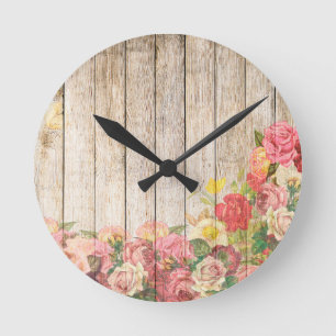 Antike Rustikale Romantische Rosen Holz Runde Wanduhr