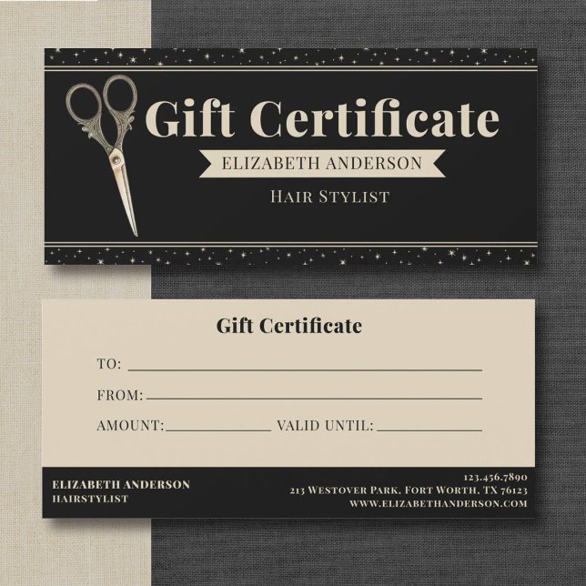 Antike Schere Friseur-Geschenkgutschein (An elegant vintage scissors hair stylist gift certificate. Personalize it with your information.)