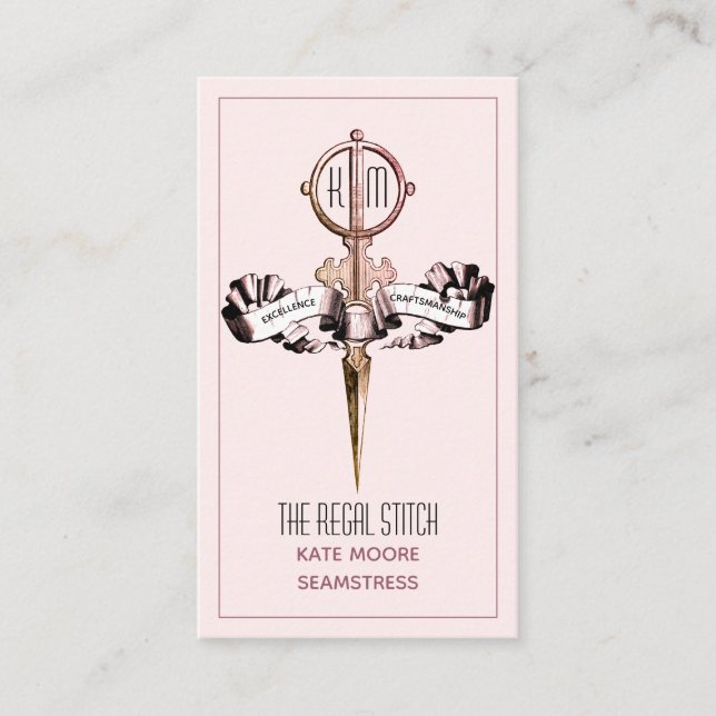 Antike Schere und rosa Banner Seamstress Visitenkarte (Vorderseite)