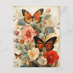 Antike Schmetterlinge und Blumen Postkarte
