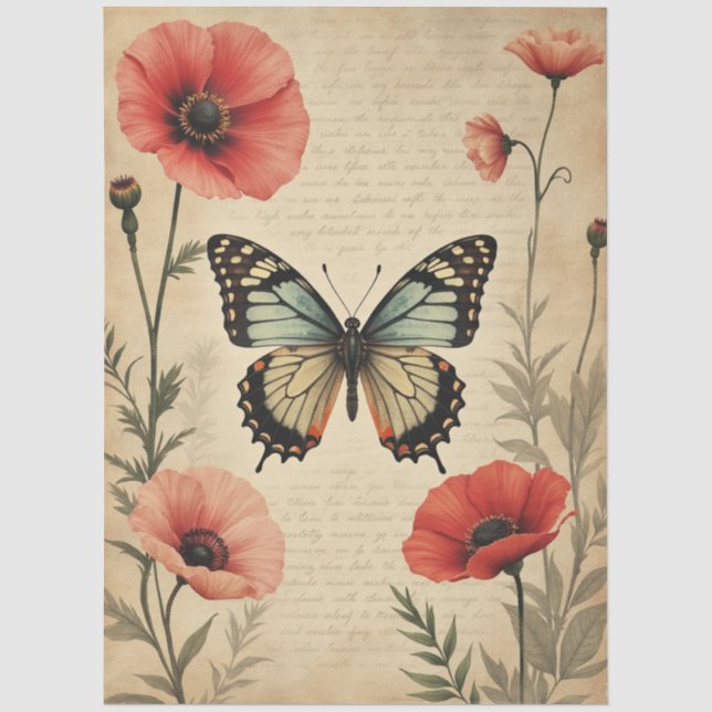 Antike Schmetterlings-Mohn-Blumen-Möbel-Decoupage Seidenpapier (Vorderseite)