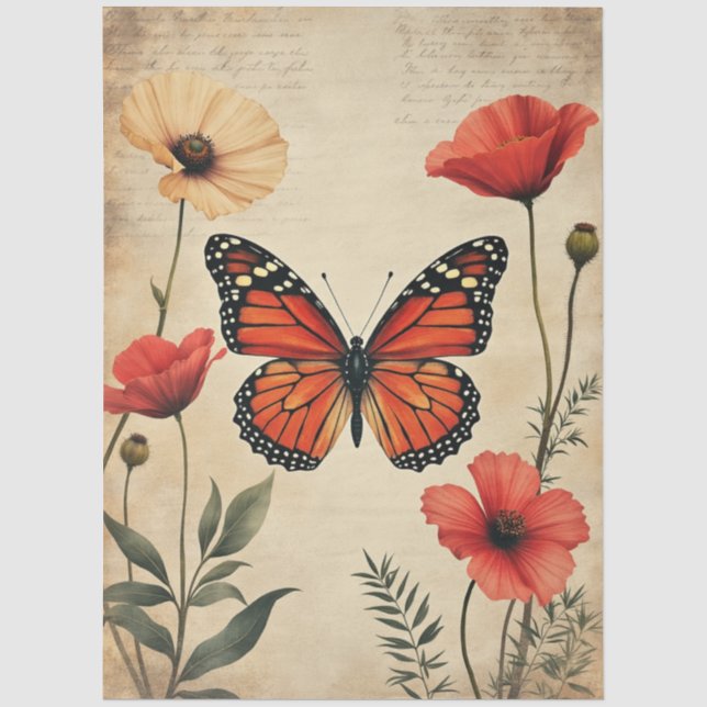 Antike Schmetterlings-Mohn-Blumen-Möbel-Decoupage Seidenpapier (Vorderseite)