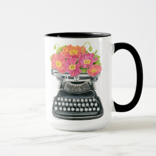 Antike Schreibmaschine mit glücklichen und bunten Tasse