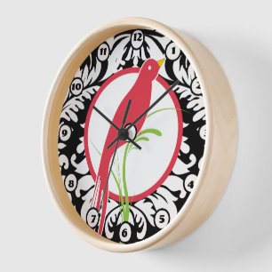 Antike Schwarz-Weiß-Damask und Rotvogel-Uhr Uhr
