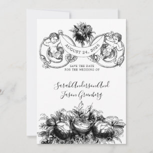 Antike Schwarz-Weiß-Feder-Tinte Florale Cupidos  Save The Date