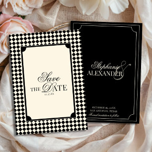 Antike Schwarz-Weiß karierte Hochzeit im Stil des Save The Date