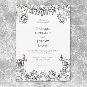 Antike Schwarz-Weiß-Tapete Florale Hochzeit Einladung