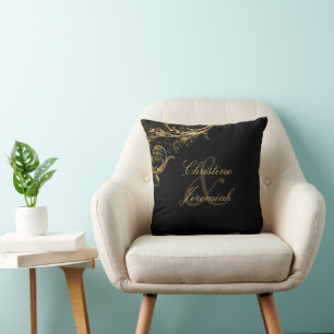 Antike Schwarze Goldene Blumendamasken-Hochzeit Kissen