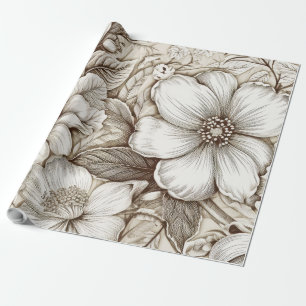 Antike Sepia-Blumenstichzeichnung Elfenbein Geschenkpapier
