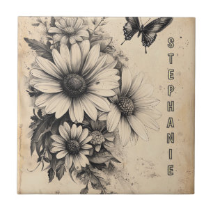 Antike Sepia-Margerite-Schmetterling-Botanik Fliese