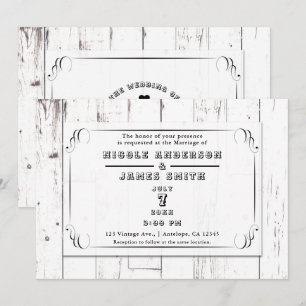 Antike Shabby Chic Wirbel Weiße Holzscheune Hochze Einladung