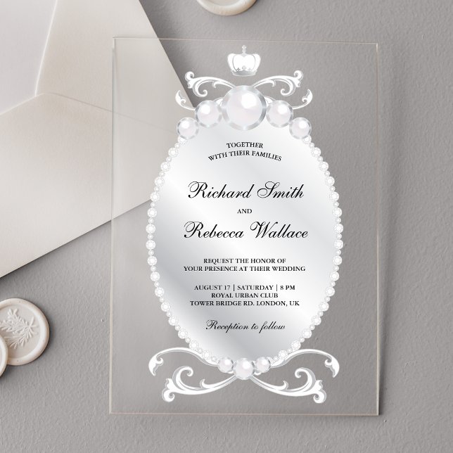 Antike Silber-Edelstein-Perlen-Hochzeit Acryleinladungen (Von Creator hochgeladen)