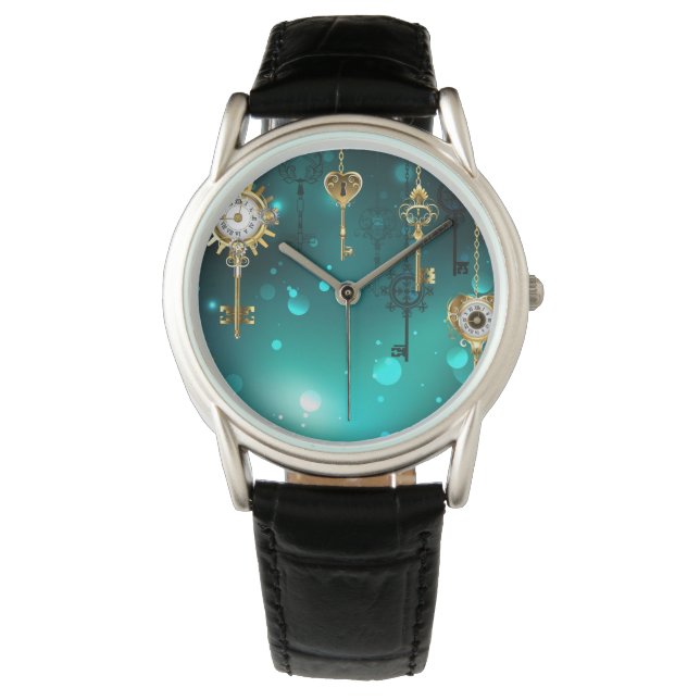 Antike Skeleton Keys on Green Background Armbanduhr (Vorderseite)