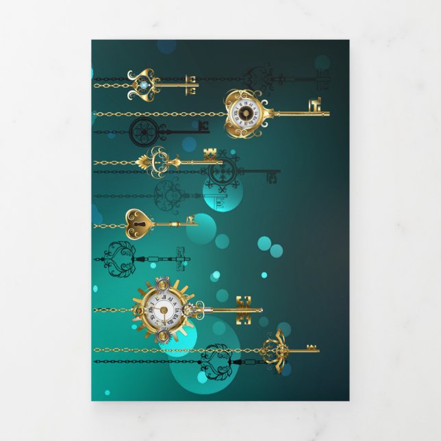 Antike Skeleton Keys on Green Background Dreifach Gefaltete Urlaubskarte (Cover)