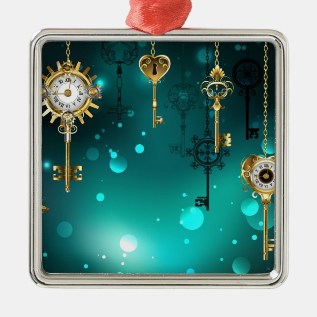 Antike Skeleton Keys on Green Background Ornament Aus Metall (Vorne)