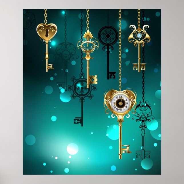 Antike Skeleton Keys on Green Background Poster (Vorne)