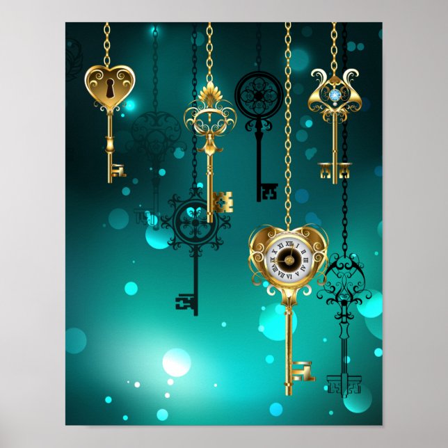 Antike Skeleton Keys on Green Background Poster (Vorne)