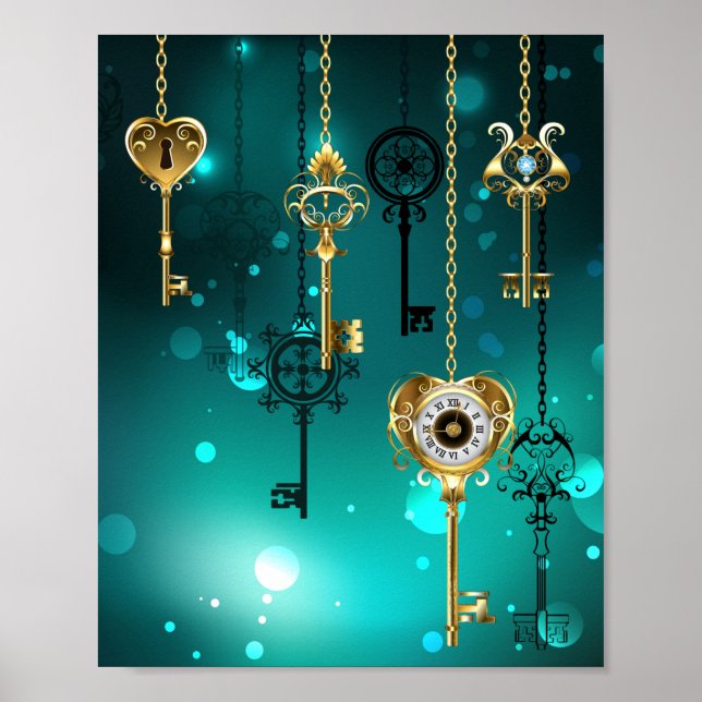 Antike Skeleton Keys on Green Background Poster (Vorne)