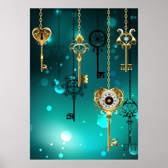 Antike Skeleton Keys on Green Background Poster (Vorne)