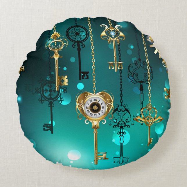 Antike Skeleton Keys on Green Background Rundes Kissen (Vorderseite)