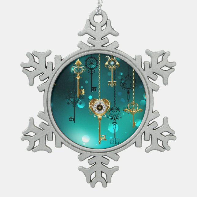 Antike Skeleton Keys on Green Background Schneeflocken Zinn-Ornament (Vorderseite)