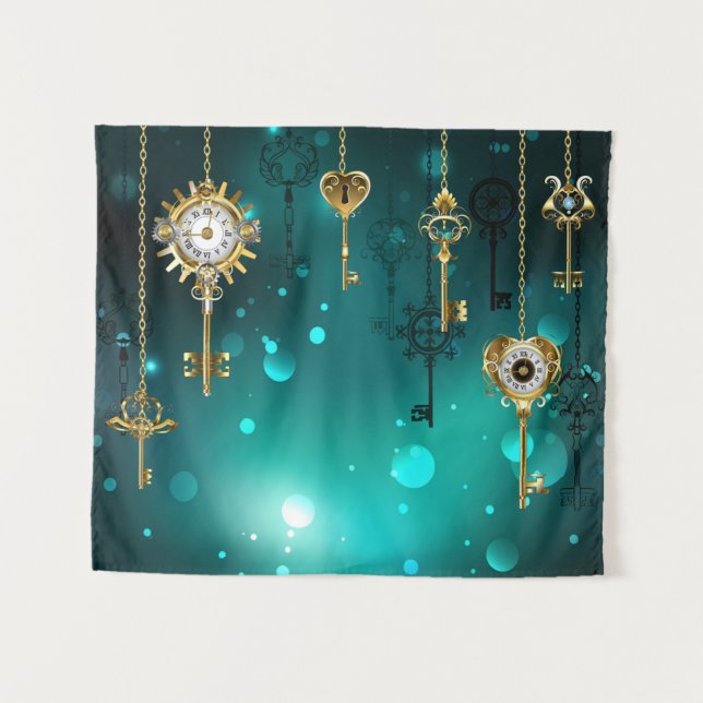 Antike Skeleton Keys on Green Background Wandteppich (Vorderseite (Horizontal))