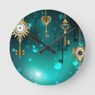 Antike Skelettschlüssel auf grünem Hintergrund Runde Wanduhr