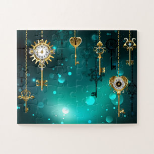 Antike Skeletttasten auf grünem Hintergrund Puzzle