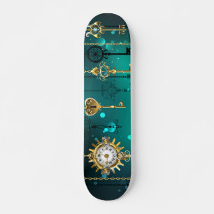 Antike Skeletttasten auf grünem Hintergrund Skateboard