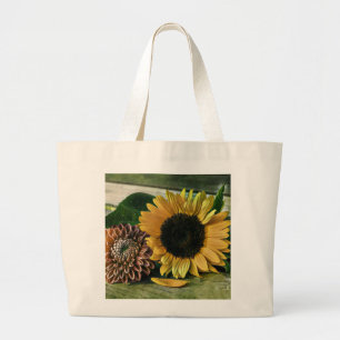 Antike Sonnenblume Aquarell auf einem Holztisch Jumbo Stoffbeutel