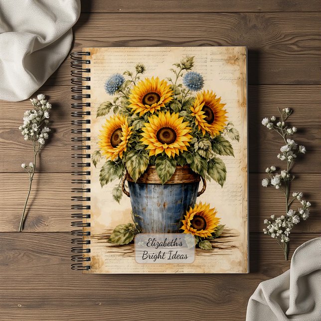 Antike Sonnenblumen in rustikalem Eimer Notizbuch (Von Creator hochgeladen)