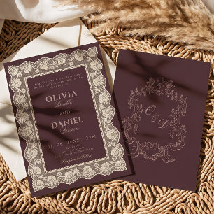 Antike Spitze Oldmoney Burgund Monogramm Hochzeit Einladung