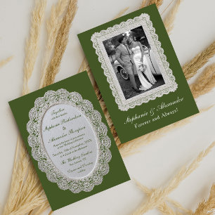 Antike Spitzen-Hochzeit Elegante Olivgrüne Foto-Ho Einladung