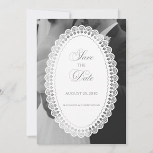 Antike Spitzendeckchen-Foto-Hochzeit Save The Date