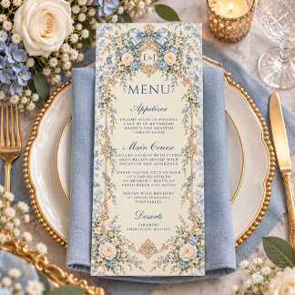Antike Staubblau Weiße Floral Toile Hochzeit Menükarte