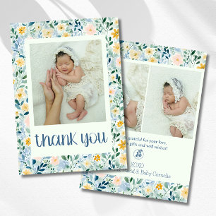 Antike staubblaue Blumen Baby Foto Danke Ankündigung