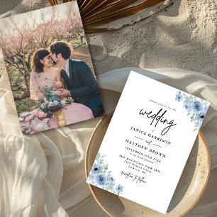 Antike Staubblaue Blumige Foto Hochzeit Einladung