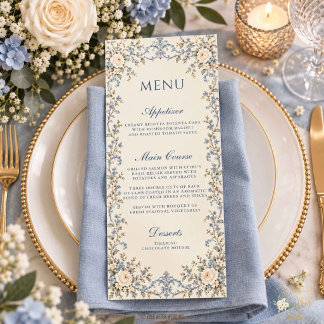 Antike staubblaue weiße Blumeng toile Hochzeit Menükarte