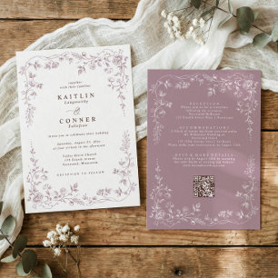 Antike Staubige Rosa Französische Florale Hochzeit Einladung
