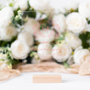 Antike Staubrosa Florale Wappen-Monogramm-Hochzeit Acryleinladungen